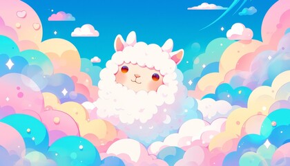 Naklejka premium A cute cartoon llama surrounded by pastel clouds