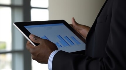 Closeup of calm blue charts and graphs on a digital tablet, held by a financial advisor in a tranquil office setting, representing steady and prudent savings strategies