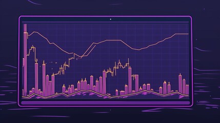 Closeup of a vibrant purple graph on a digital device showing a sharp spike in cryptocurrency prices, capturing the intense ups and downs of the market - obrazy, fototapety, plakaty