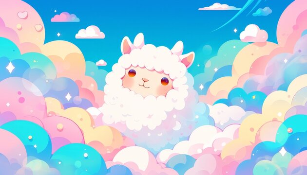 A cute cartoon llama surrounded by pastel clouds