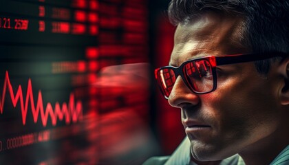 Closeup of a trader s tense expression with vibrant red market data reflected in his glasses, illustrating the high stakes and volatility of stock trading - obrazy, fototapety, plakaty
