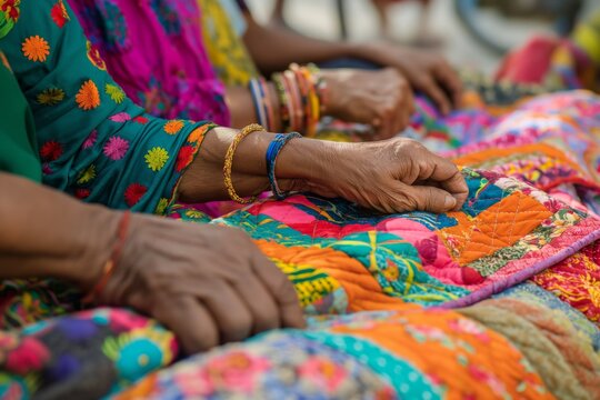 Close-up of indian artisans hand-stitching vibrant patchwork quilts, showcasing cultural craftsmanship