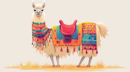 Naklejka premium A llama wearing a colorful blanket with geometric patterns and a red saddle stands on the grass against a beige background.