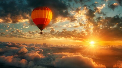 Obraz premium Hot air balloon against the sunrise, a tranquil ascent into the beauty of a new day AI Generative.