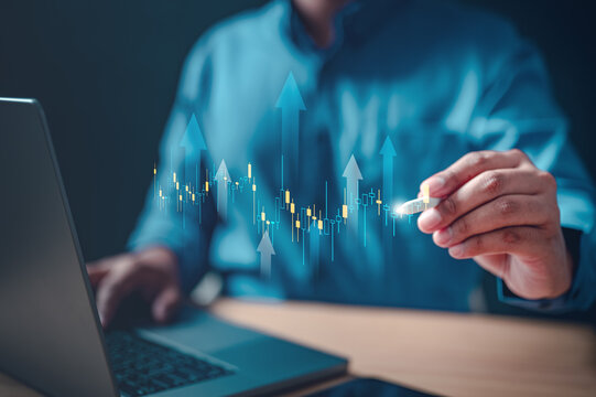 chart, graph, index, invest, multi, statistic, financial, analysis, strategy, drawing. A man is drawing a graph. The graph shows a series of upward arrows, represent a stock market trend or a graph.