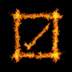 Symbol of check mark fire flame in Fire flames frame on black background