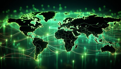 A world map with countries highlighted in vibrant green, each connected by digital lines representing the flow of currencies, illustrating the global nature of currency exchange