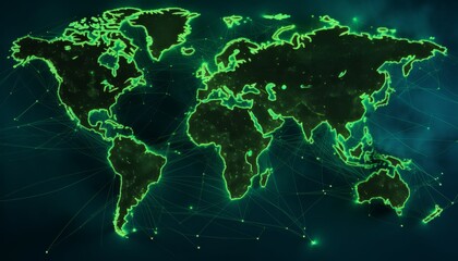 A world map with countries highlighted in vibrant green, each connected by digital lines representing the flow of currencies, illustrating the global nature of currency exchange