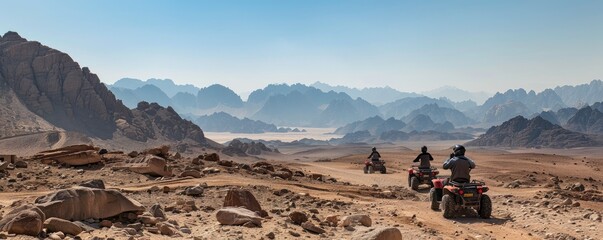 Adventurous traveler on an ATV rides through rugged desert terrain under a vast, panoramic sky....