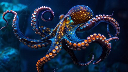 An octopus glimmers with bioluminescence in the ocean's depths, embodying the mysteries of marine life AI Generative. - obrazy, fototapety, plakaty