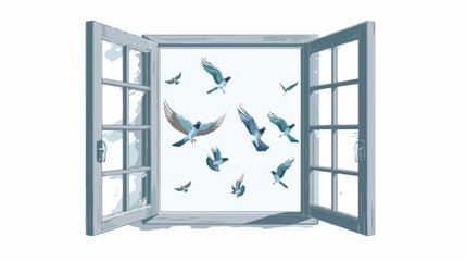 Open window with pigeons.vector illustration