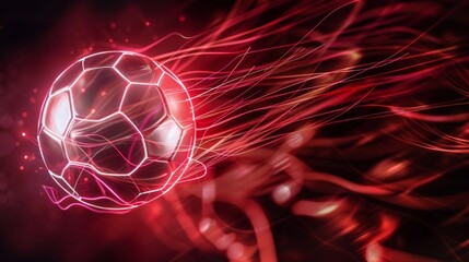 Artistic football caught in motion, its red neon trails cutting through darkness, a visual spectacle of sport and energy AI Generative.