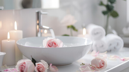 Fototapeta na wymiar A stylish white bathroom featuring a vessel sink, roses, and candles, setting a romantic and Zen-like mood.