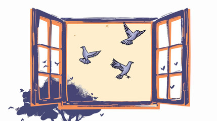 Open window with pigeons.vector illustration