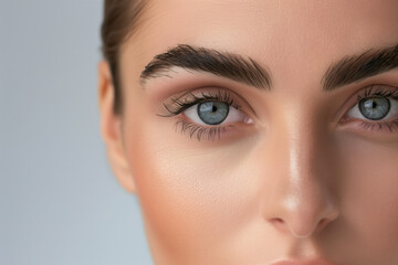 Fototapeta premium Extreme Close-Up on Flawless Skin and Intricate Details of a Woman's Piercing Blue Eyes 
