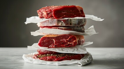Stack of various raw meats separated with paper on a kitchen surface - obrazy, fototapety, plakaty