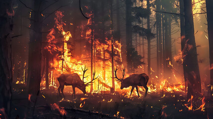 Forest fire, animals die, animals deer escape the fire 