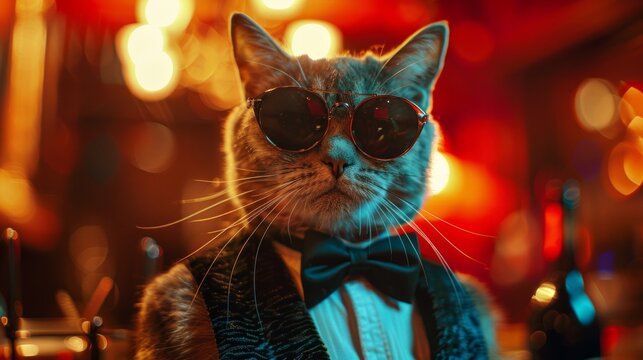 A cat exudes cool in sunglasses and bow tie, a true embodiment of sleek feline sophistication in a jazz lounge setting AI Generative.