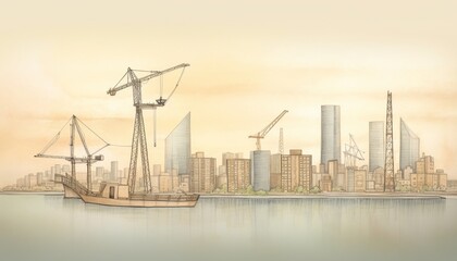 Fototapeta premium A sunrise over a city skyline, with construction cranes and rebuilding efforts visible, conveying a sense of optimism and the gradual return of vibrancy to the urban landscape