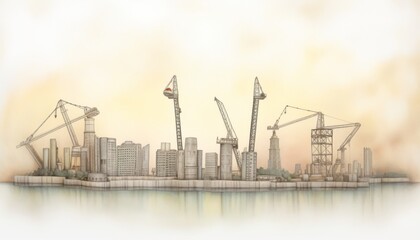 A sunrise over a city skyline, with construction cranes and rebuilding efforts visible, conveying a sense of optimism and the gradual return of vibrancy to the urban landscape