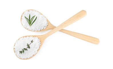 Salt with fresh rosemary and thyme in spoons isolated on white, top view