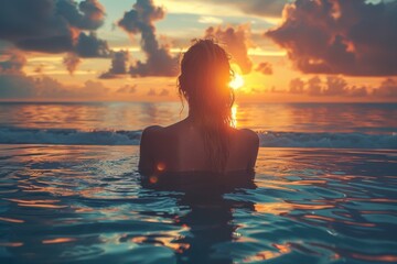 Striking silhouette of a woman in the ocean, engulfed by waves and sunset light casting golden hues