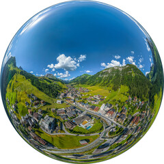 Lech am Arlberg, alpines Urlaubsziel in West-Österreich im Sommer von oben, Little Planet-Ansicht,...
