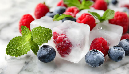 ice cubes with berries and mint on a marble table.