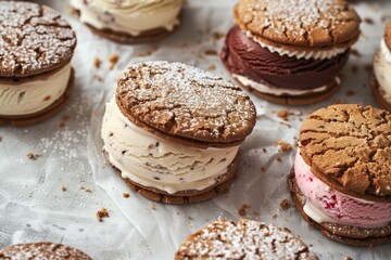 Close-up of homemade ice cream sandwiches with a dusting of powdered sugar