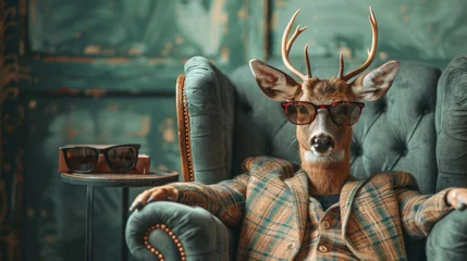 Foto auf Acrylglas Antireflex Avant-garde Christmas deer in stylish attire, lounging with confidence. AI Generative. © Alisa