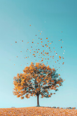 Autumn leaves gently falling from a solitary tree against a clear blue sky. The minimalist composition, with just the tree and leaves in the frame