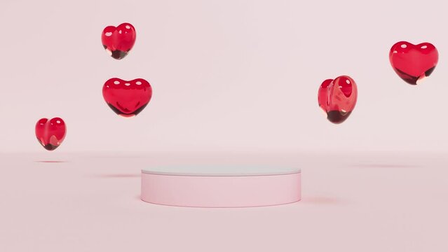 Empty podium red glass hearts branding product presentation on Valentine's day Mock up scene 4k
