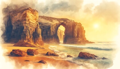 Watercolor painting of As Catedrais beach