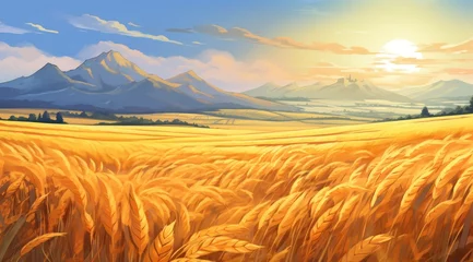 Fotobehang Sunset over golden wheat fields, casting a tranquil rural scene © chesleatsz