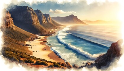Watercolor painting of Dias Beach at Cape Point, South Africa - obrazy, fototapety, plakaty