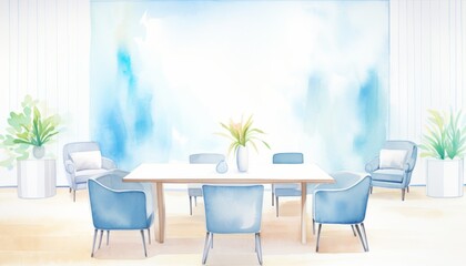 A serene image of a philanthropic meeting room with soft blue decor, where charitable foundations strategize on generous giving and support initiatives - obrazy, fototapety, plakaty