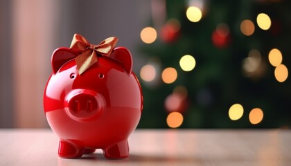 A rich red piggy bank adorned with a holiday bow, placed under a Christmas tree as a reminder of the importance of saving during the festive season