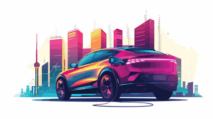 Modern electric CUV car in an abstract city. Cropped - obrazy, fototapety, plakaty