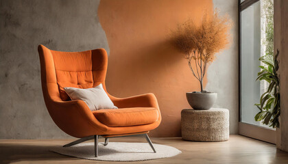 Textured Tranquility: Stucco Walls and an Orange Snuggle Chair Create a Modern Oasis