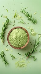 Organic rosemary leaf extract powder, natural ingredient for healthy skin, story background