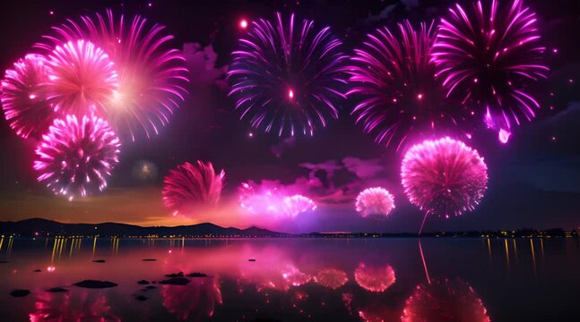 colorful new year fireworks in night sky by lake