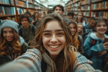 In a library, a person takes a selfie with various readers behind, all faces are intentionally blurred for anonymity - Powered by Adobe