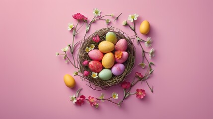 Fototapeta na wymiar A vibrant nest of multicolored Easter eggs surrounded by spring flowers on a pink background.
