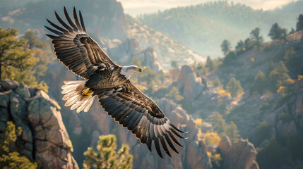 An eagle soars above the mountains.
