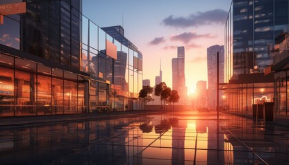 A reflective shot of a business district at sunset, showing several closed shops, evoking a mood of change and the challenging realities of the business environment - obrazy, fototapety, plakaty