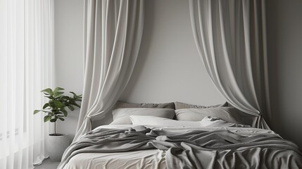 Fototapeta na wymiar A minimalist, single-colored bed canopy in a soft, soothing gray, adding a touch of elegance to the bedroom.