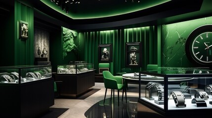 A luxury watch store with a strong green interior design, where exclusive highend watches symbolize status and the purchasing power of the affluent - obrazy, fototapety, plakaty