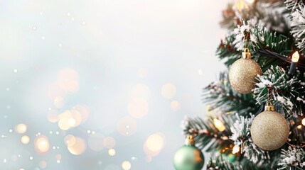 Fototapeta premium Close-up of a Christmas tree adorned with gold and green baubles and festive lights, capturing the holiday spirit.