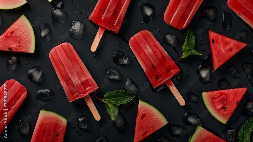 Poster Watermelon slices, popsicles, and ice cubes arranged artistically on a dark surface.