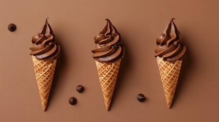 Three chocolate soft serve ice creams in waffle cones on a brown background